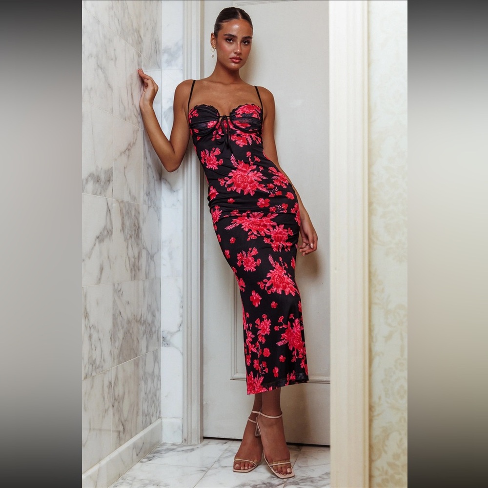 FORTUNE LACE TRIM MESH MIDI DRESS BLACK